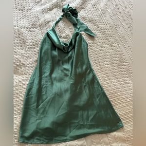 Silk cowl neck mini dress in teal; size large.